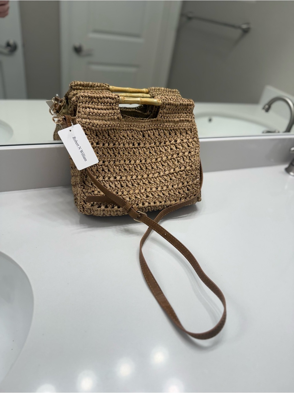 Woven Straw Crossbody Bag with Bamboo Top Handle - Brown 🤎NWT🤎
